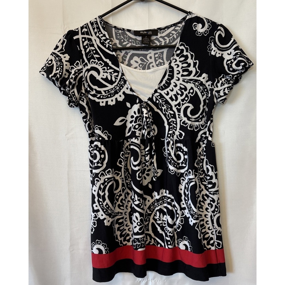 Style & Co Black/White Paisley Blouse Cap Sleeve Empire Waist Women's Size S